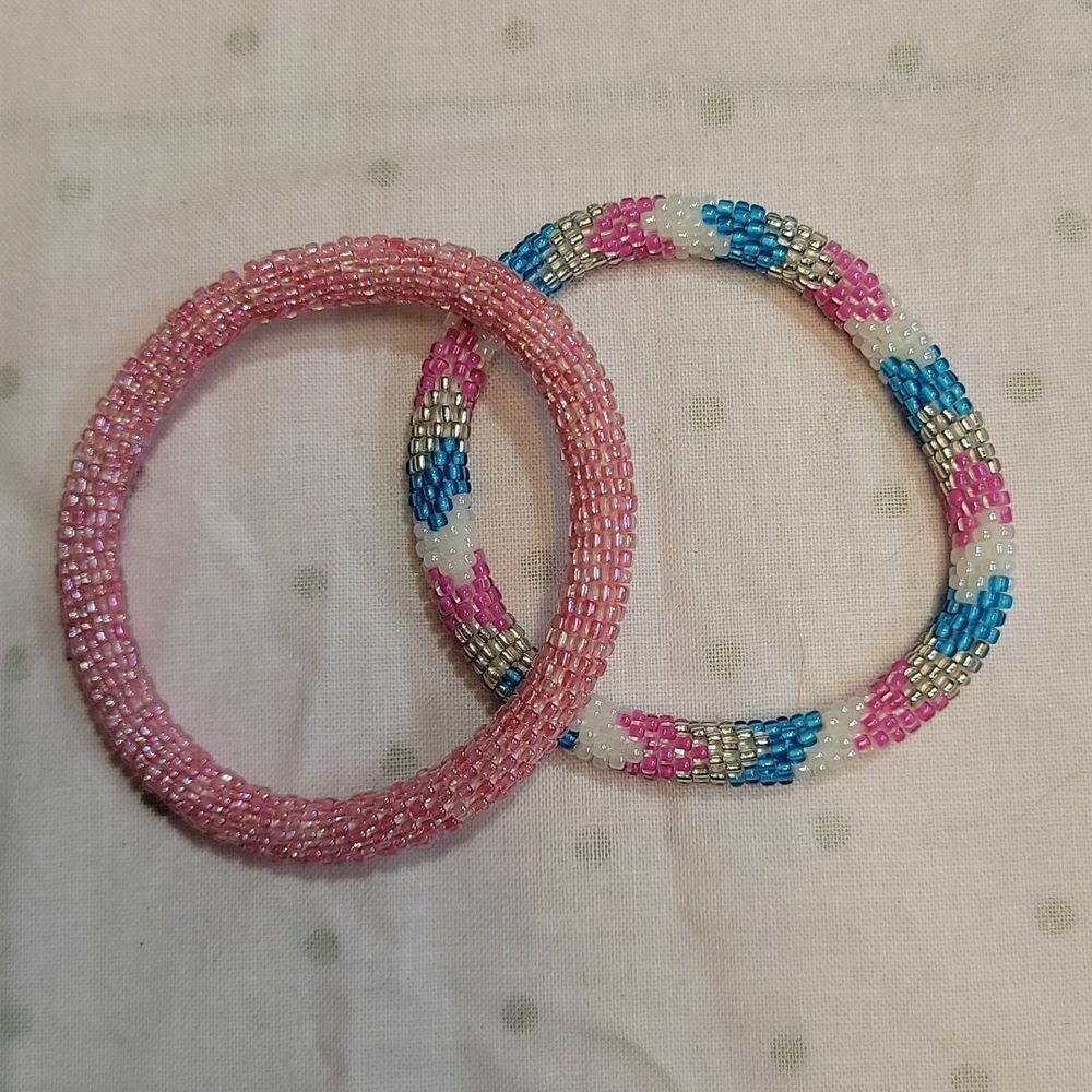 Set of 2 Sashka Iridescent Pink & Pink/Blue/White/Silver Glass Beaded Bracelets